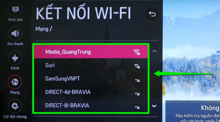 Màn hình cài đặt mạng Wifi trên Tivi LG