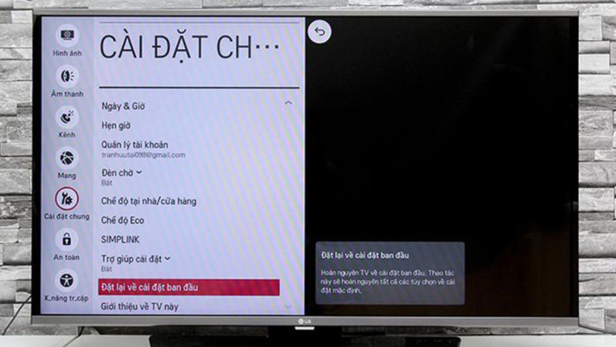 Tìm mục Reset to Initial Settings trong Cài đặt Tivi LG